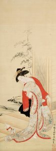 Hermosa mujer jugando con un gato de Tsukioka Masanobu Settei